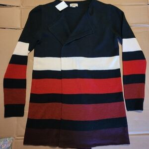 NWT ONE WORLD Women's Cardigan - Black, White, Red, Plum Strip Open Front Sz. L